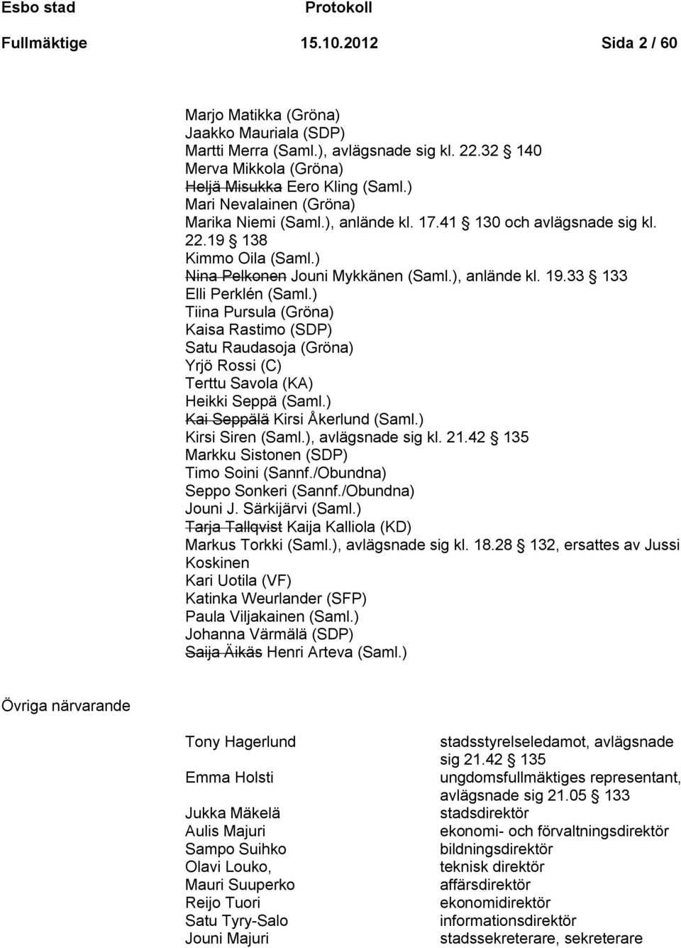 ) Nina Pelkonen Jouni Mykkänen (Saml.), anlände kl. 19.33 133 Elli Perklén (Saml.