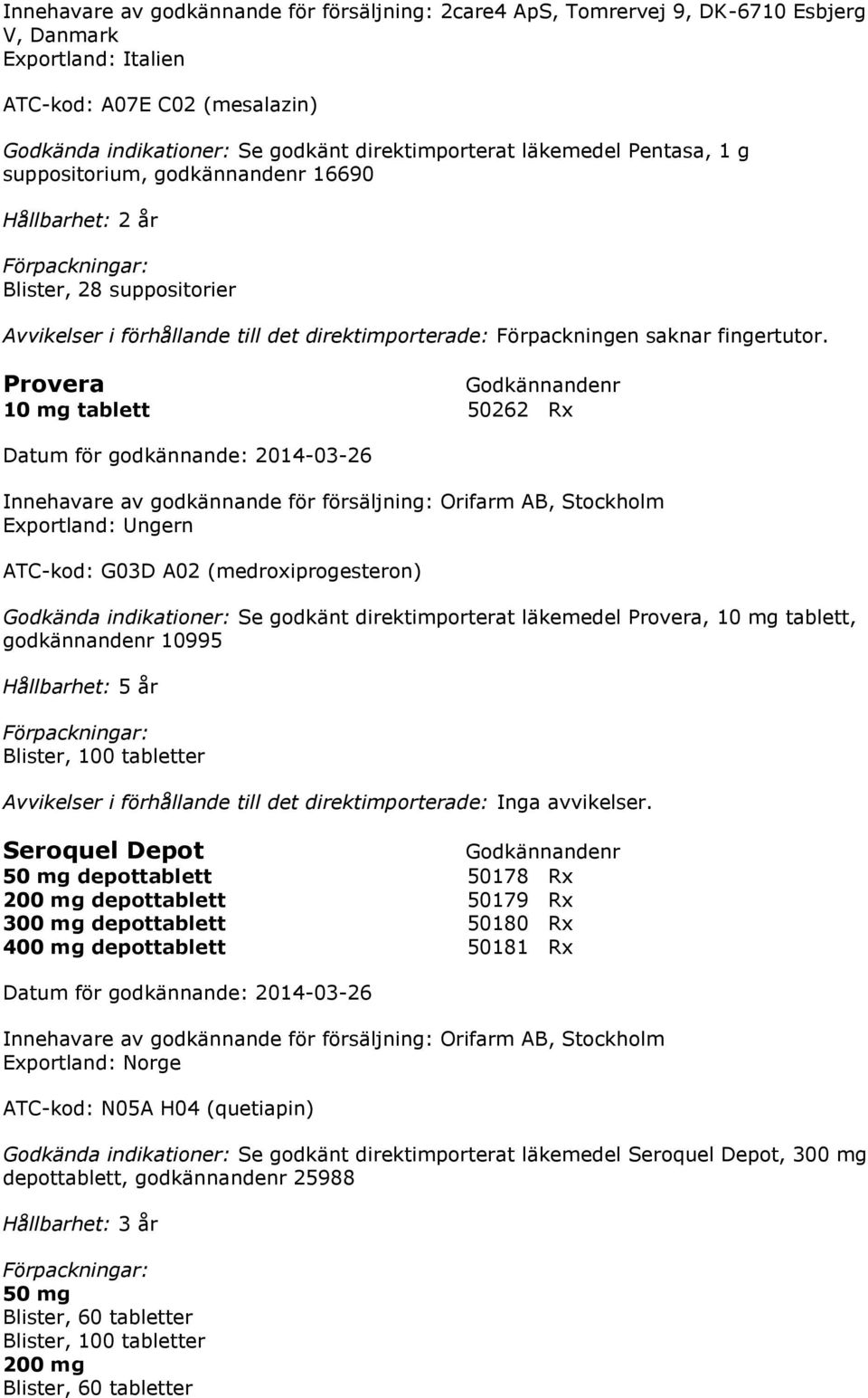 Provera 10 mg tablett 50262 Rx Innehavare av godkännande för försäljning: Orifarm AB, Stockholm Exportland: Ungern ATC-kod: G03D A02 (medroxiprogesteron) Godkända indikationer: Se godkänt