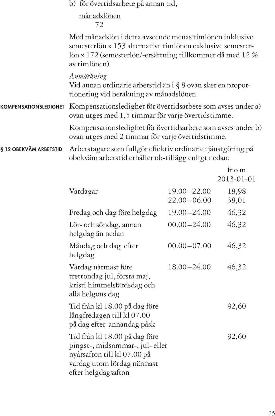 KOMPENSATIONSLEDIGHET Kompensationsledighet för övertidsarbete som avses under a) ovan utges med 1,5 timmar för varje över tidstimme.