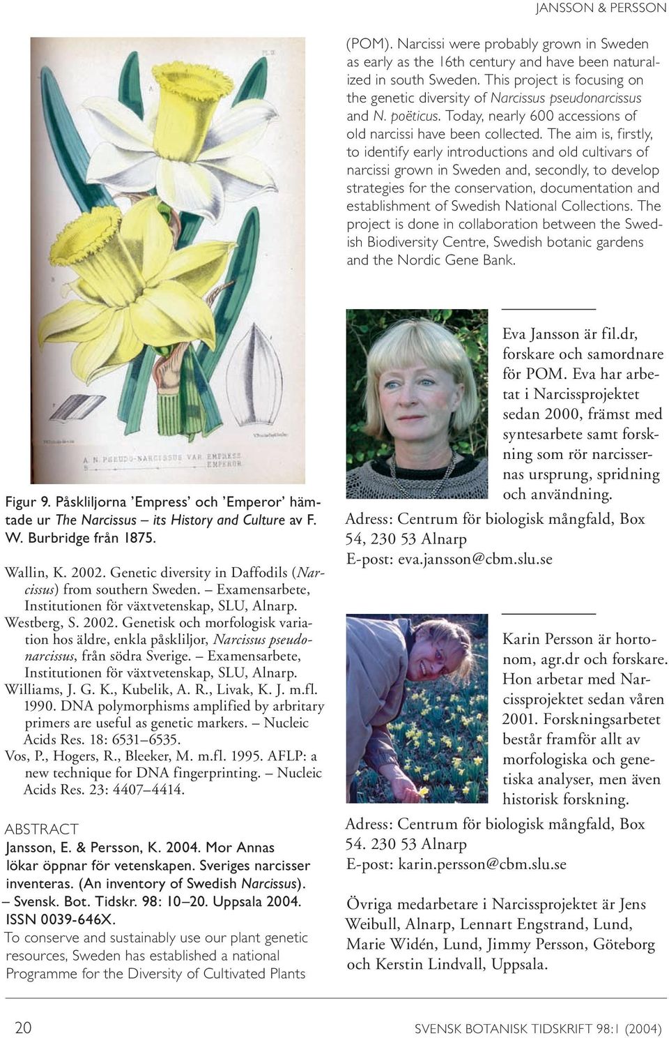 The aim is, firstly, to identify early introductions and old cultivars of narcissi grown in Sweden and, secondly, to develop strategies for the conservation, documentation and establishment of
