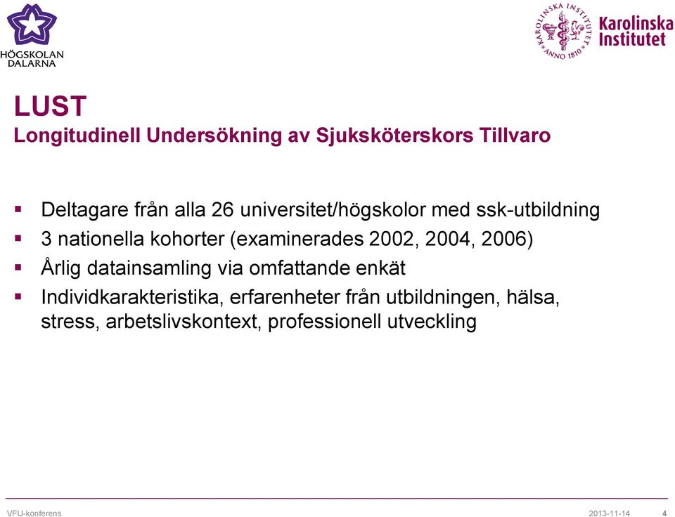 2004, 2006) Årlig datainsamling via omfattande enkät Individkarakteristika,