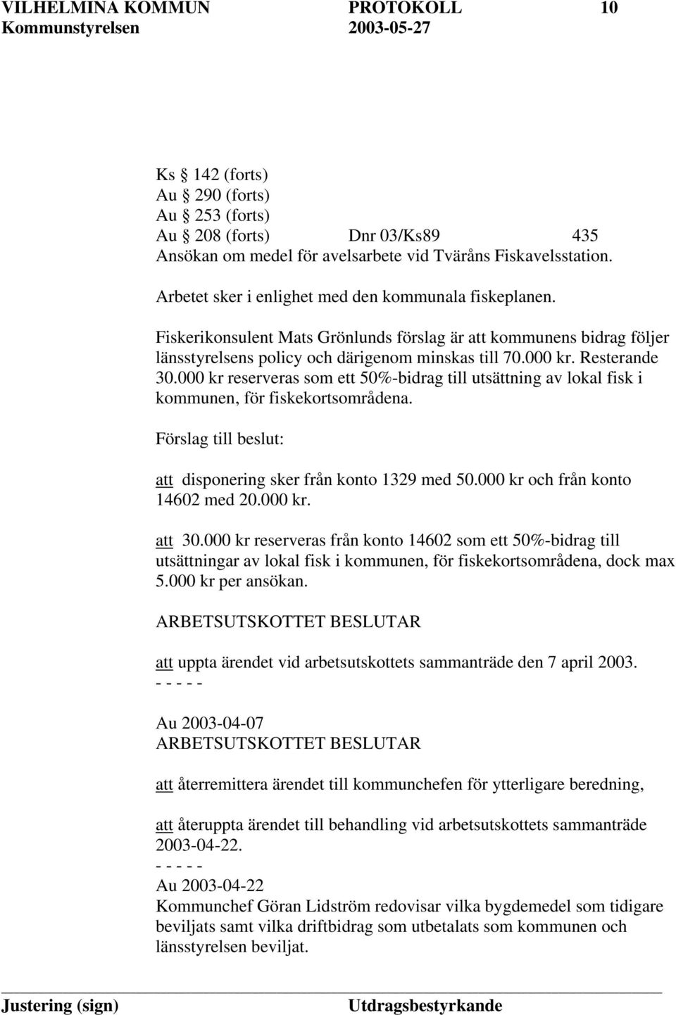 000 kr reserveras som ett 50%-bidrag till utsättning av lokal fisk i kommunen, för fiskekortsområdena. Förslag till beslut: att disponering sker från konto 1329 med 50.