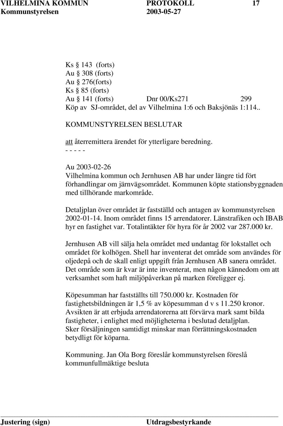 Kommunen köpte stationsbyggnaden med tillhörande markområde. Detaljplan över området är fastställd och antagen av kommunstyrelsen 2002-01-14. Inom området finns 15 arrendatorer.