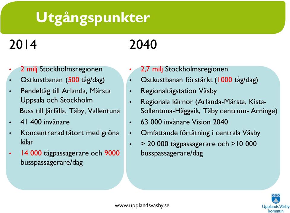 Stockholmsregionen Ostkustbanan förstärkt (1000 tåg/dag) Regionaltågstation Väsby Regionala kärnor (Arlanda-Märsta, Kista-