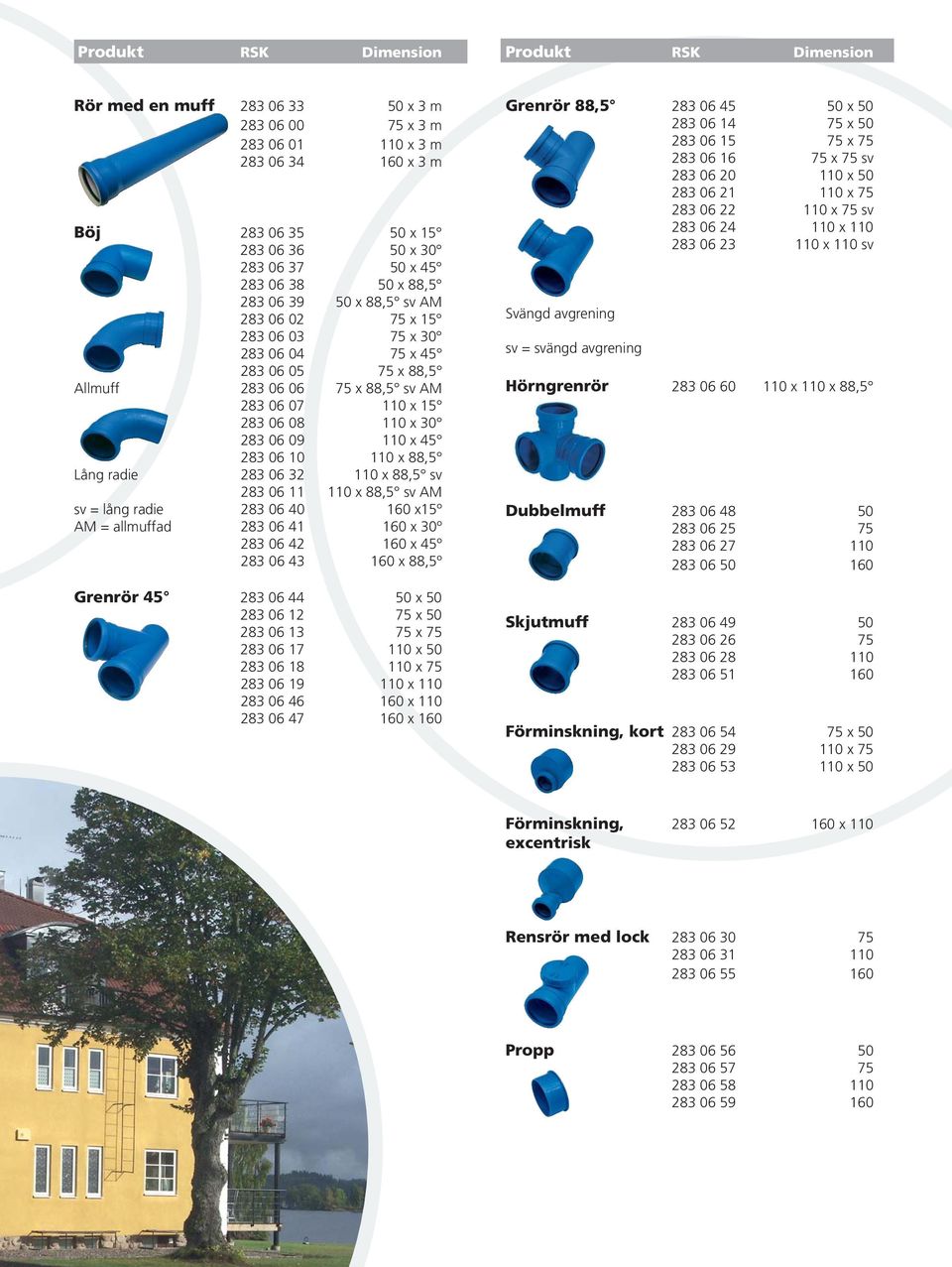 110 x 45 283 06 10 110 x 88,5 Lång radie 283 06 32 110 x 88,5 sv 283 06 11 110 x 88,5 sv AM sv = lång radie 283 06 40 160 x15º AM = allmuffad 283 06 41 160 x 30º 283 06 42 160 x 45º 283 06 43 160 x