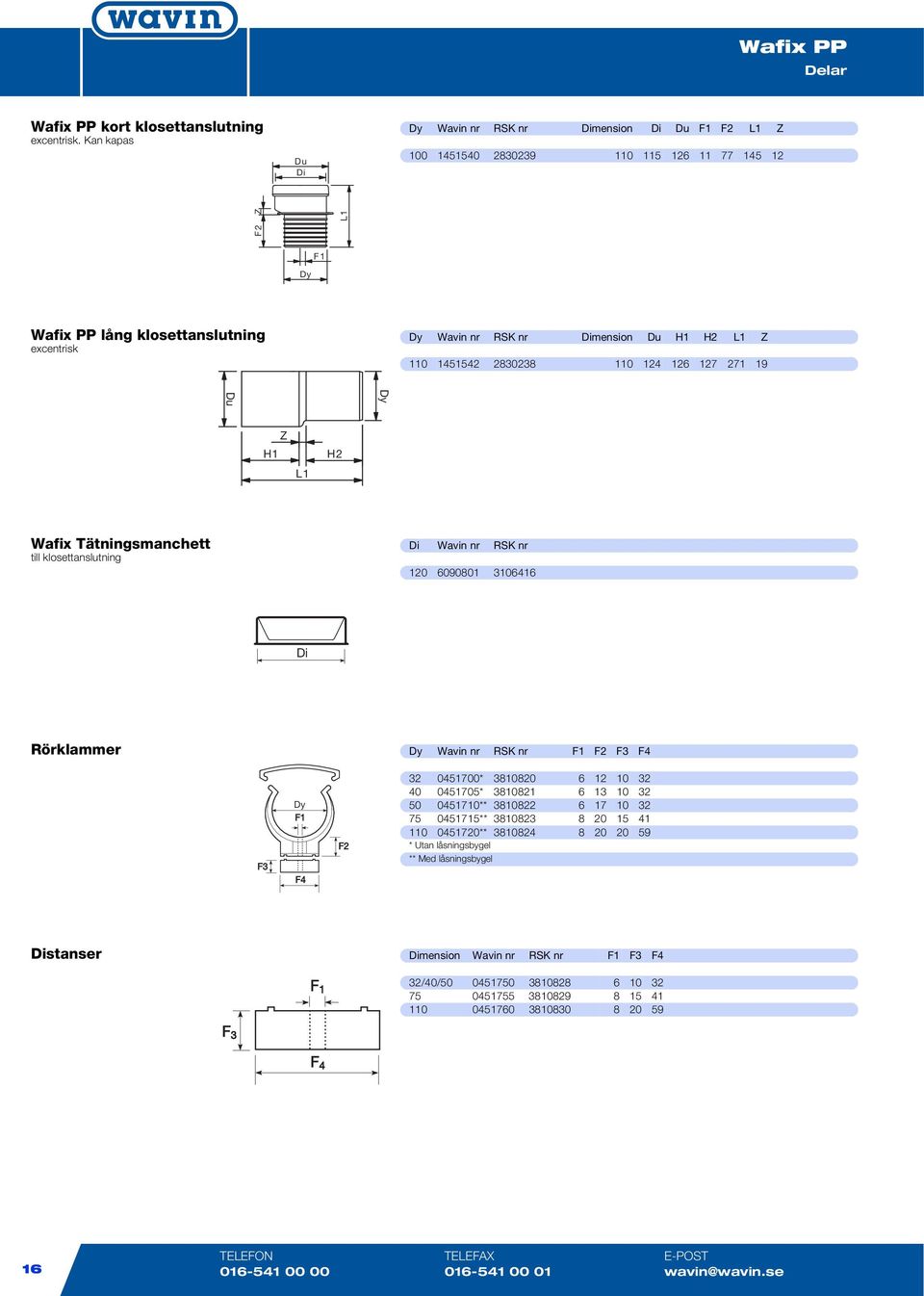 110 124 126 127 271 19 H1 Z H2 Wafix Tätningsmanchett till klosettanslutning Di Wavin nr RSK nr 120 6090801 3106416 Di Rörklammer Wavin nr RSK nr F1 F2 F3 F4 F3 F1 F4 F2 32 0451700* 3810820 6 12 10
