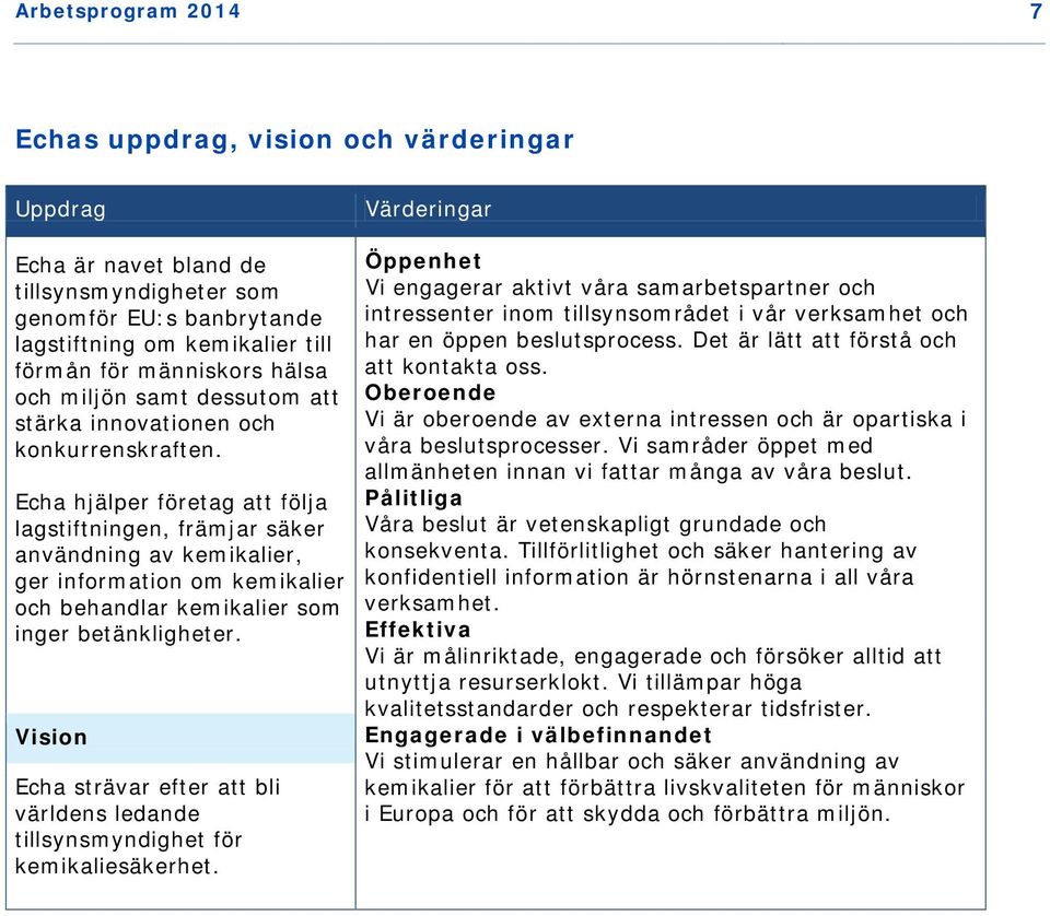 Echa hjälper företag att följa lagstiftningen, främjar säker användning av kemikalier, ger information om kemikalier och behandlar kemikalier som inger betänkligheter.