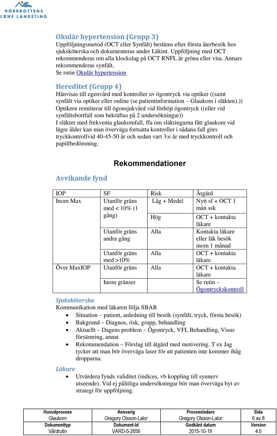 Se rutin Okulär hypertension Hereditet (Grupp 4) Hänvisas till egenvård med kontroller av ögontryck via optiker ((samt synfält via optiker eller online (se patientinformation Glaukom i släkten).