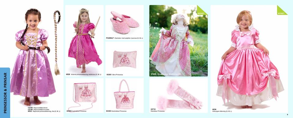 prinsess klänning mörkrosa (S, M, L) 83203 Börs Prinsessa 83304 Axelväska Prinsessa 83303