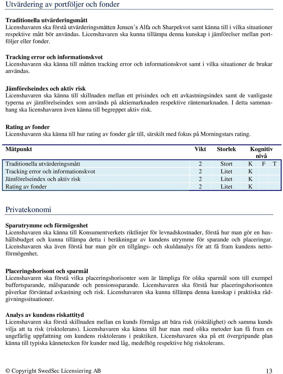 Tracking error och informationskvot Licenshavaren ska känna till måtten tracking error och informationskvot samt i vilka situationer de brukar användas.