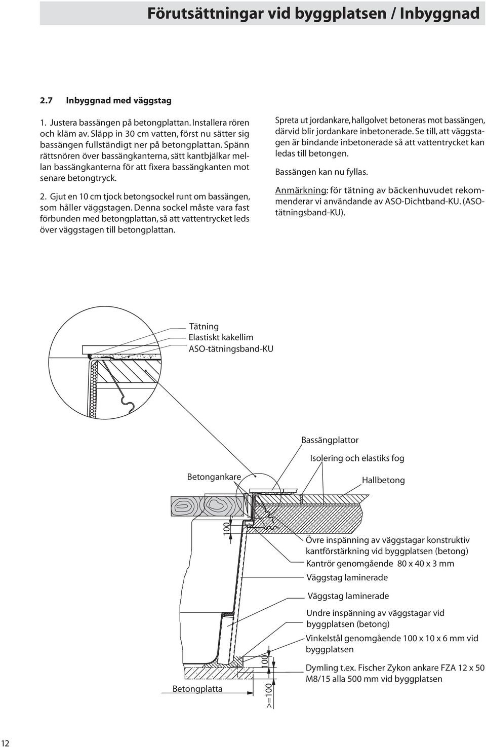 Spänn rättsnören över bassängkanterna, sätt kantbjälkar mellan bassängkanterna för att fixera bassängkanten mot senare betongtryck. 2.