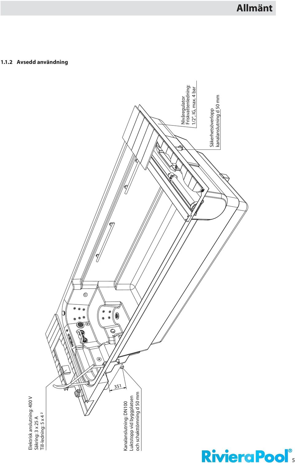 Till-ledning: 5 x 4 ² Kanalanslutning: DN100 Luktstopp vid
