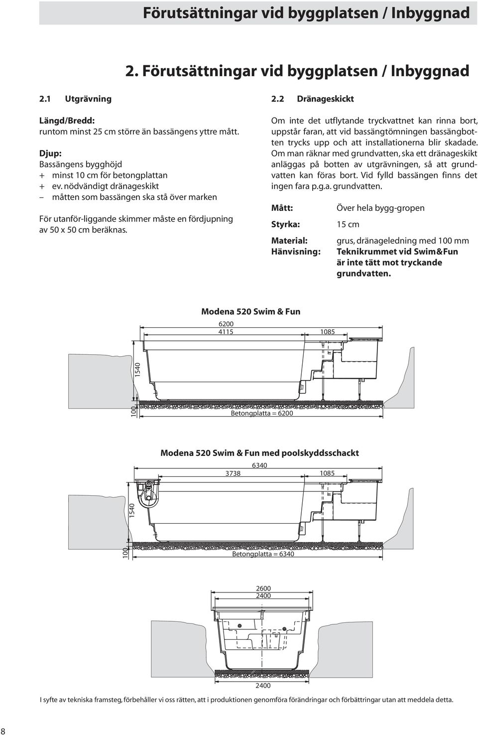 nödvändigt dränageskikt måtten som bassängen ska stå över marken För utanför-liggande skimmer måste en fördjupning av 50 x 50 cm beräknas. 2.