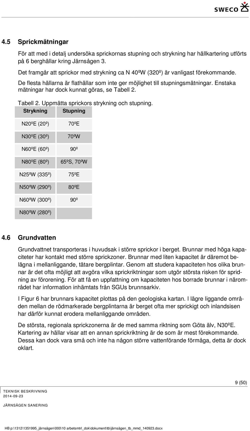 Enstaka mätningar har dock kunnat göras, se Tabell 2. Tabell 2. Uppmätta sprickors strykning och stupning.