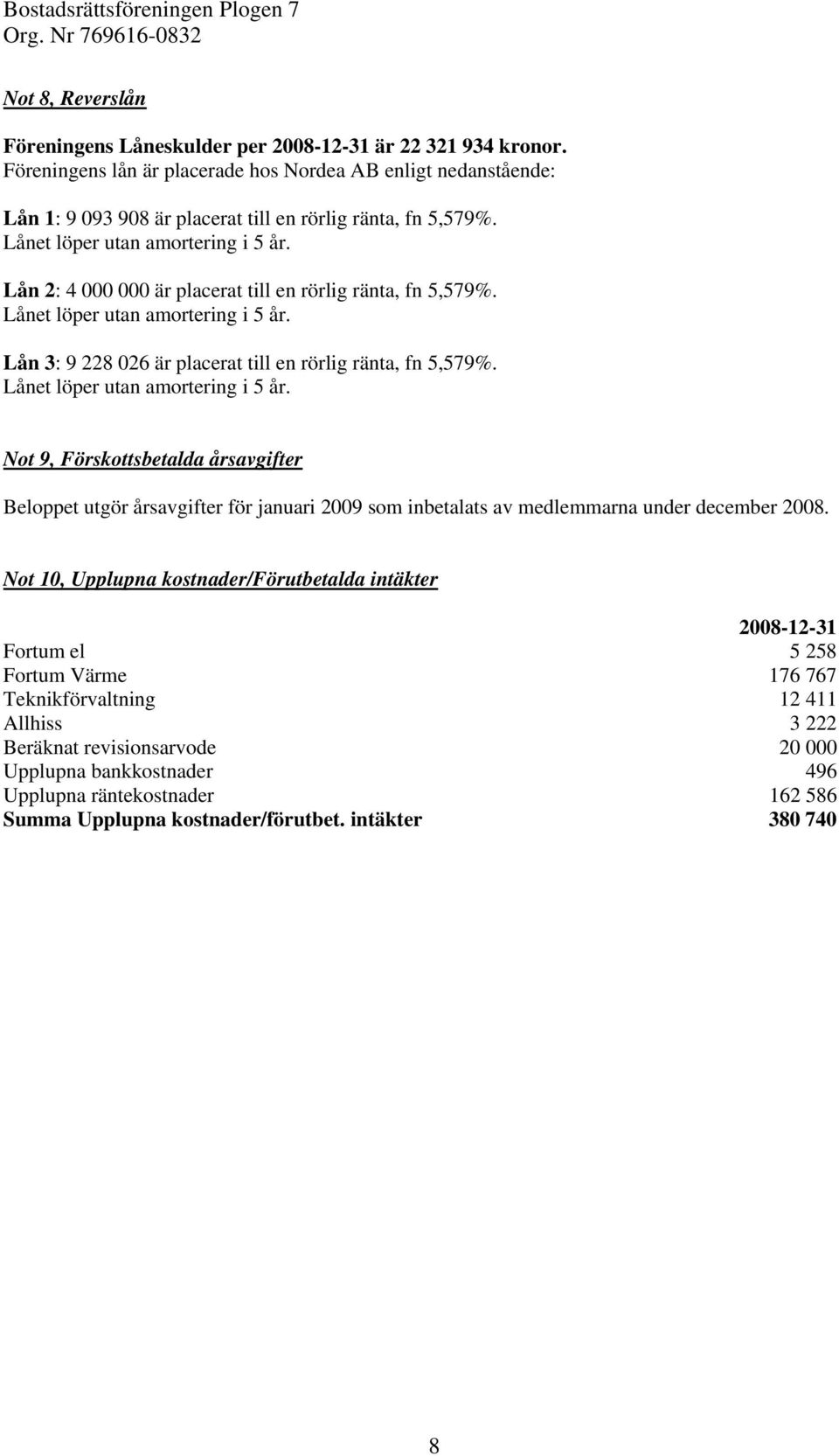 Lånet löper utan amortering i 5 år. Not 9, Förskottsbetalda årsavgifter Beloppet utgör årsavgifter för januari 2009 som inbetalats av medlemmarna under december 2008.