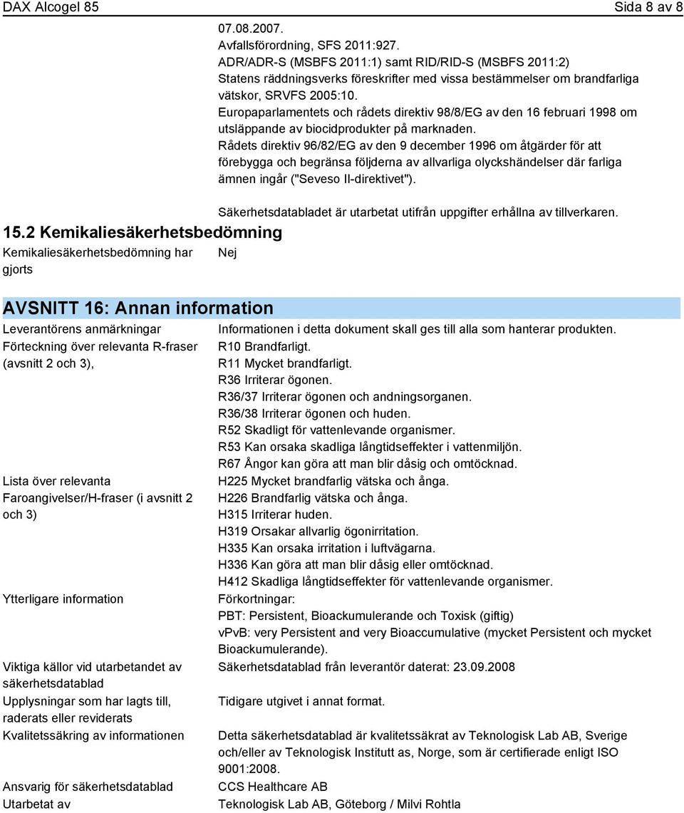 SÄKERHETSDATABLAD DAX Alcogel 85 - PDF Free Download