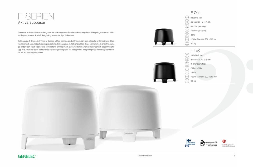 Subbasarna F One och F Two är byggda utifrån samma prisbelönta design som skapats av formgivaren Harri Koskinen och Genelecs utvecklings avdelning.