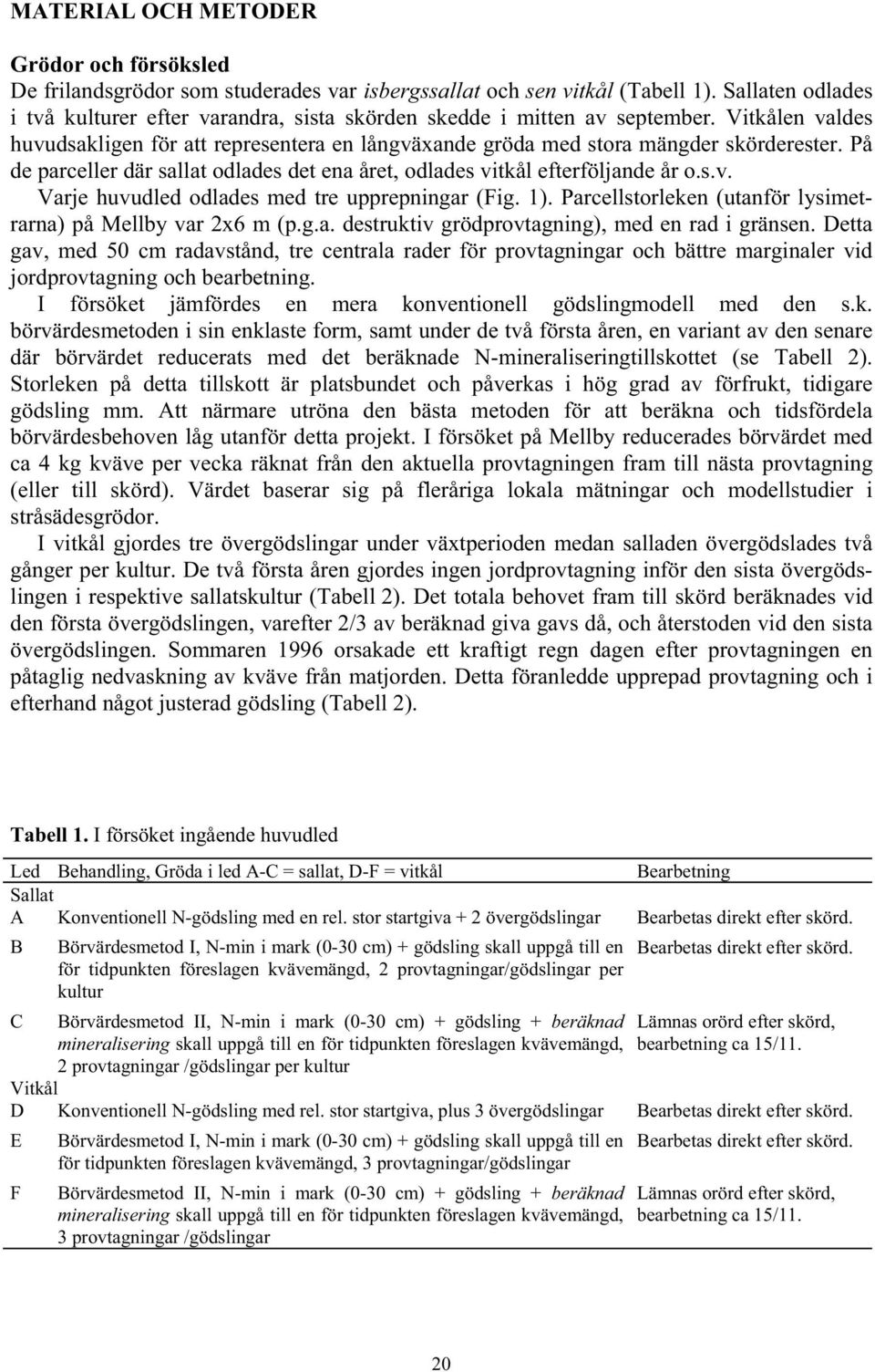 På de parceller där sallat odlades det ena året, odlades vitkål efterföljande år o.s.v. Varje huvudled odlades med tre upprepningar (Fig. 1).