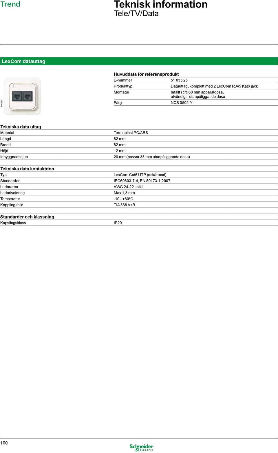 Typ LexCom Cat6 UTP (oskärmad) Standarder IEC60603-7-4, EN 50173-1:2007 Ledararea AWG