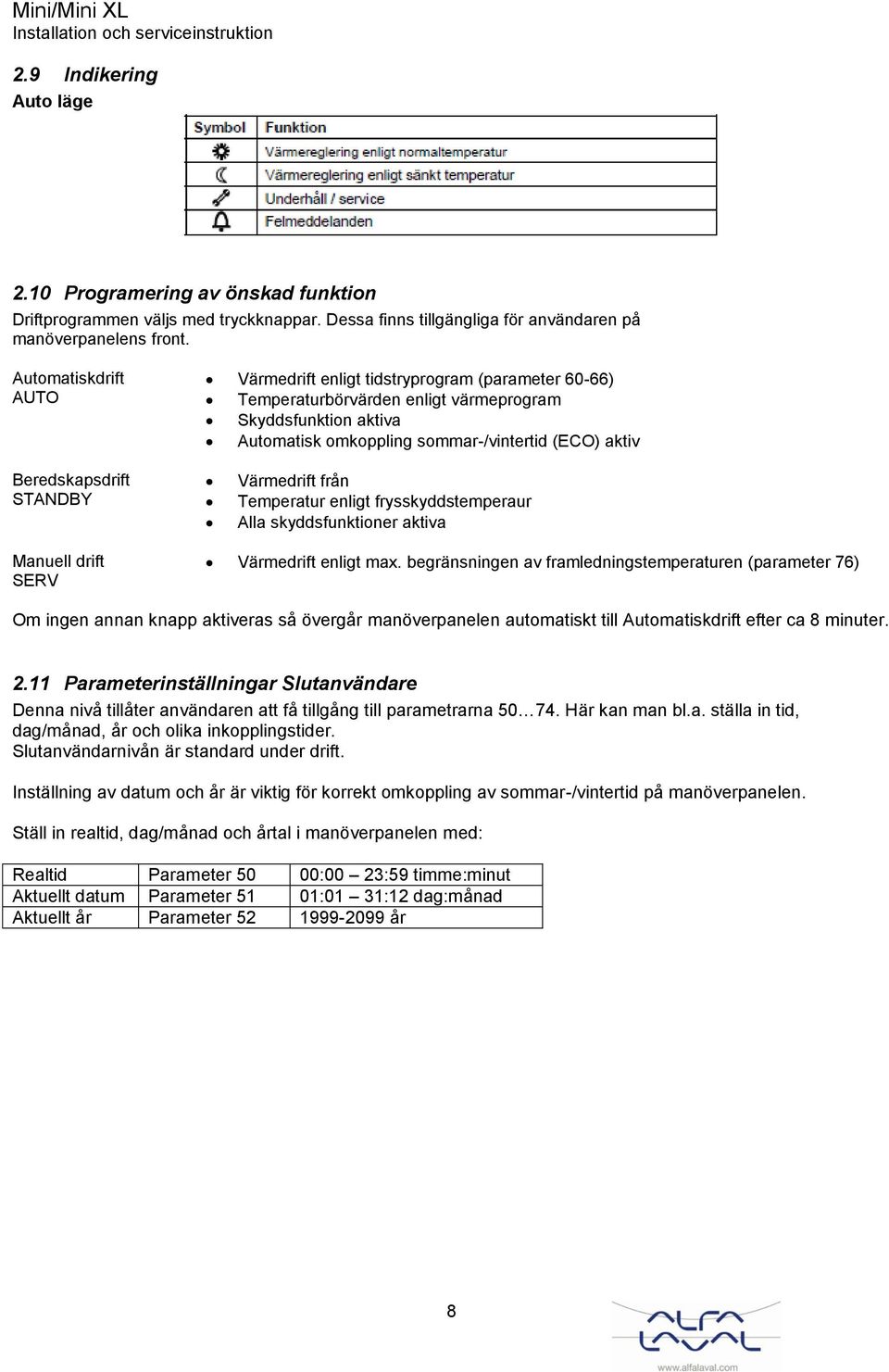 Beredskapsdrift STANDBY Värmedrift från Temperatur enligt frysskyddstemperaur Alla skyddsfunktioner aktiva Manuell drift SERV Värmedrift enligt max.