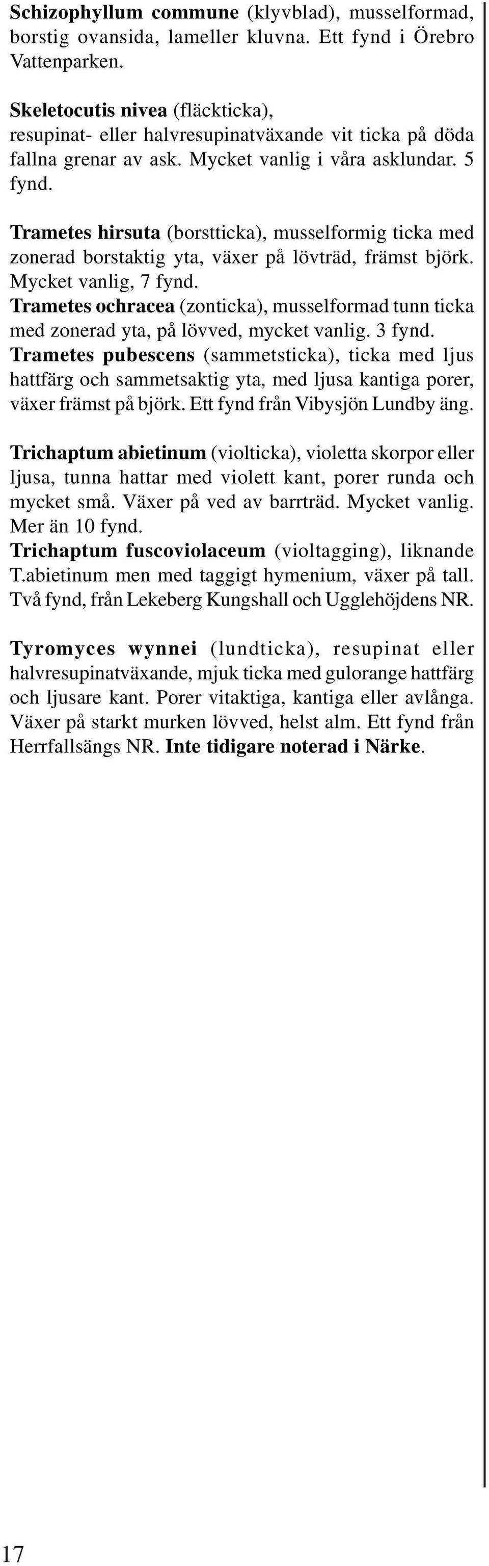 Trametes hirsuta (borstticka), musselformig ticka med zonerad borstaktig yta, växer på lövträd, främst björk. Mycket vanlig, 7 fynd.