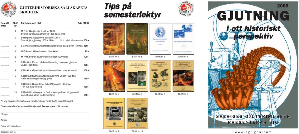 .. 4 H Eriksson: Gjuteriminnen från Åkers. 75:-... 5 M Fritz. Svensk gjuteriindustri under 1900-talet. 100:- 6 K Beckius: Form- och kärntillverkning i svenska gjuterier... under 1900-talet. 100:-... 7 K Beckius: Gjuteriindustrins leverantörer under ett sekel.