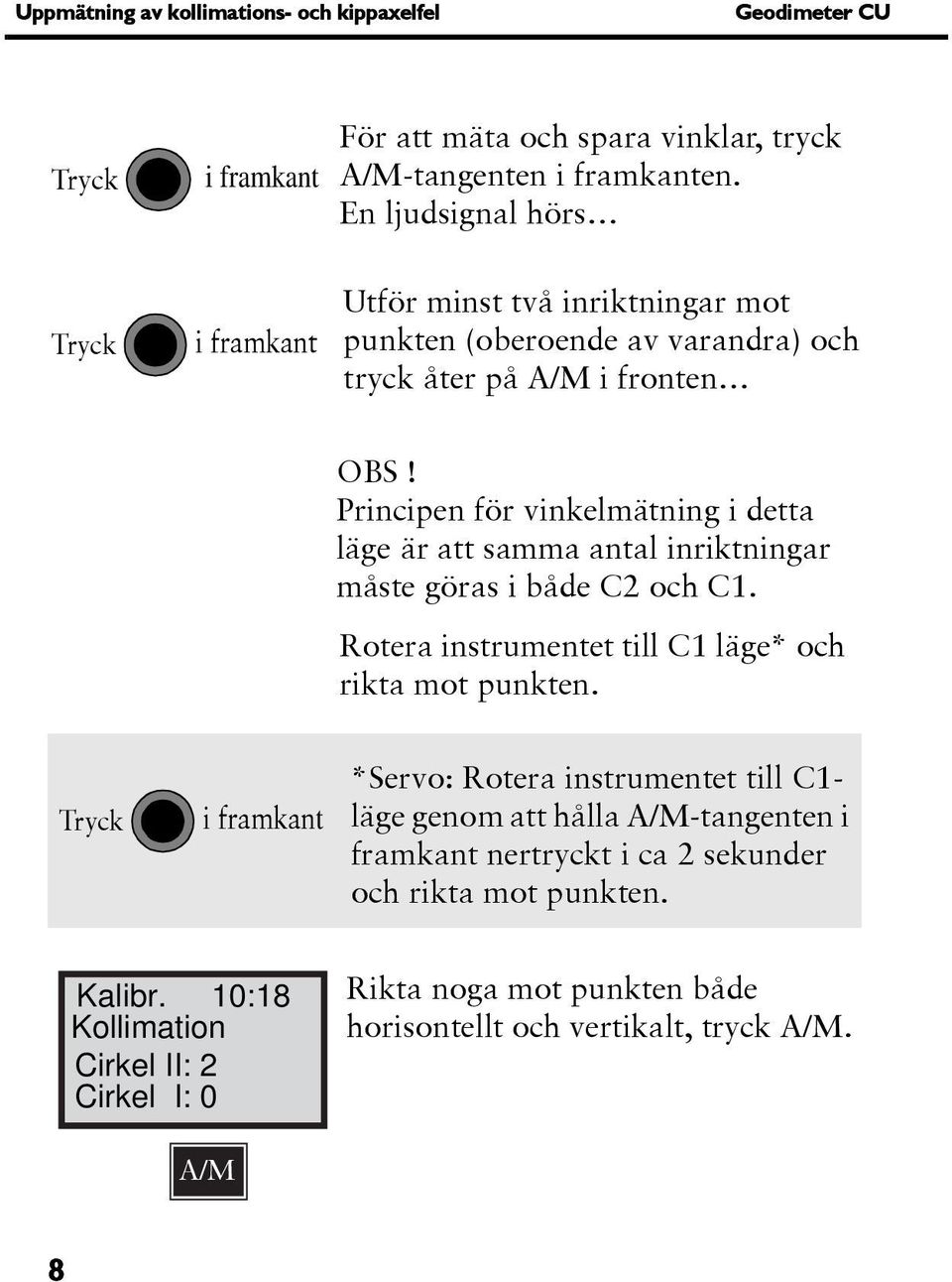Principen för vinkelmätning i detta läge är att samma antal inriktningar måste göras i både C2 och C1. Rotera instrumentet till C1 läge* och rikta mot punkten.