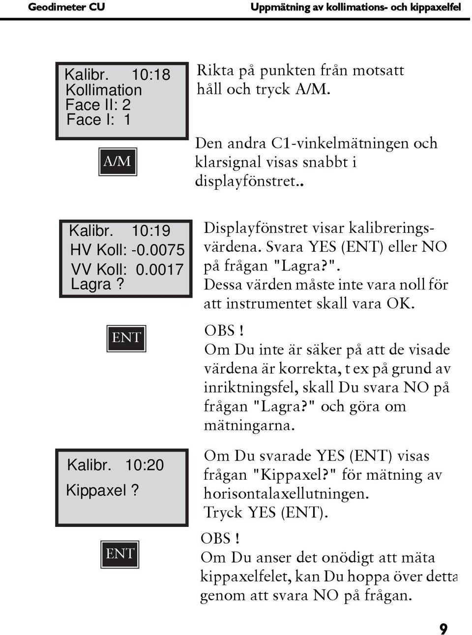 ENT Displayfönstret visar kalibreringsvärdena. Svara YES (ENT) eller NO på frågan "Lagra?". Dessa värden måste inte vara noll för att instrumentet skall vara OK. OBS!