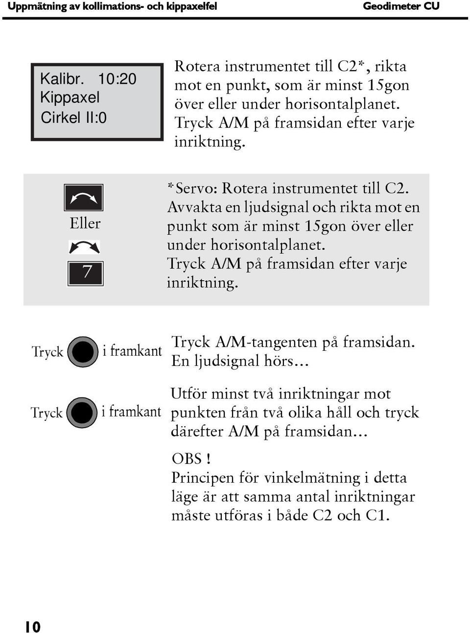 Eller 7 *Servo: Rotera instrumentet till C2. Avvakta en ljudsignal och rikta mot en punkt som är minst 15gon över eller under horisontalplanet.