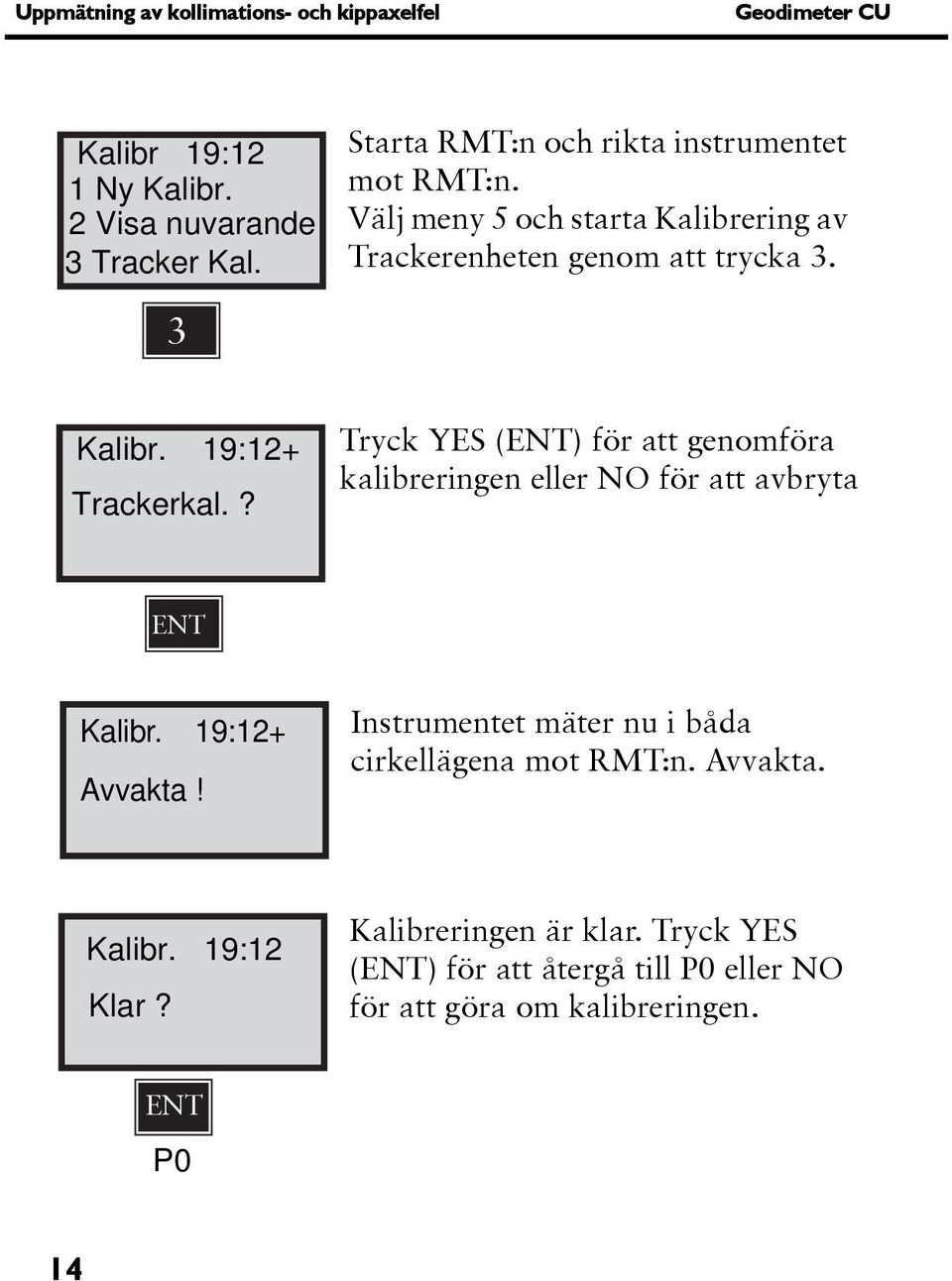 19:12+ Trackerkal.? Tryck YES (ENT) för att genomföra kalibreringen eller NO för att avbryta ENT Kalibr. 19:12+ Avvakta!