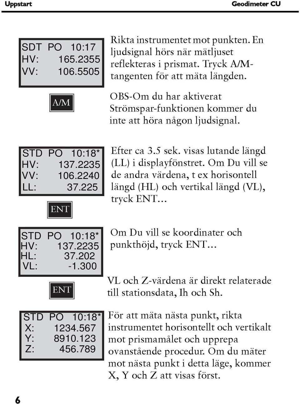 300 ENT STD PO 10:18* X: 1234.567 Y: 8910.123 Z: 456.789 Efter ca 3.5 sek. visas lutande längd (LL) i displayfönstret.