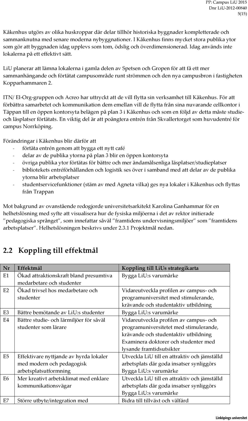 LiU planerar att lämna lokalerna i gamla delen av Spetsen och Gropen för att få ett mer sammanhängande och förtätat campusområde runt strömmen och den nya campusbron i fastigheten Kopparhammaren 2.