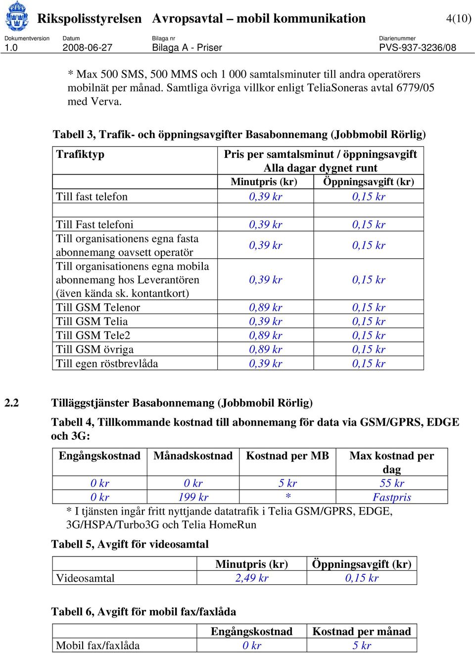 Tabell 3, Trafik- och öppningsavgifter Basabonnemang (Jobbmobil Rörlig) Trafiktyp Pris per samtalsminut / öppningsavgift Alla dagar dygnet runt Minutpris (kr) Öppningsavgift (kr) Till fast telefon