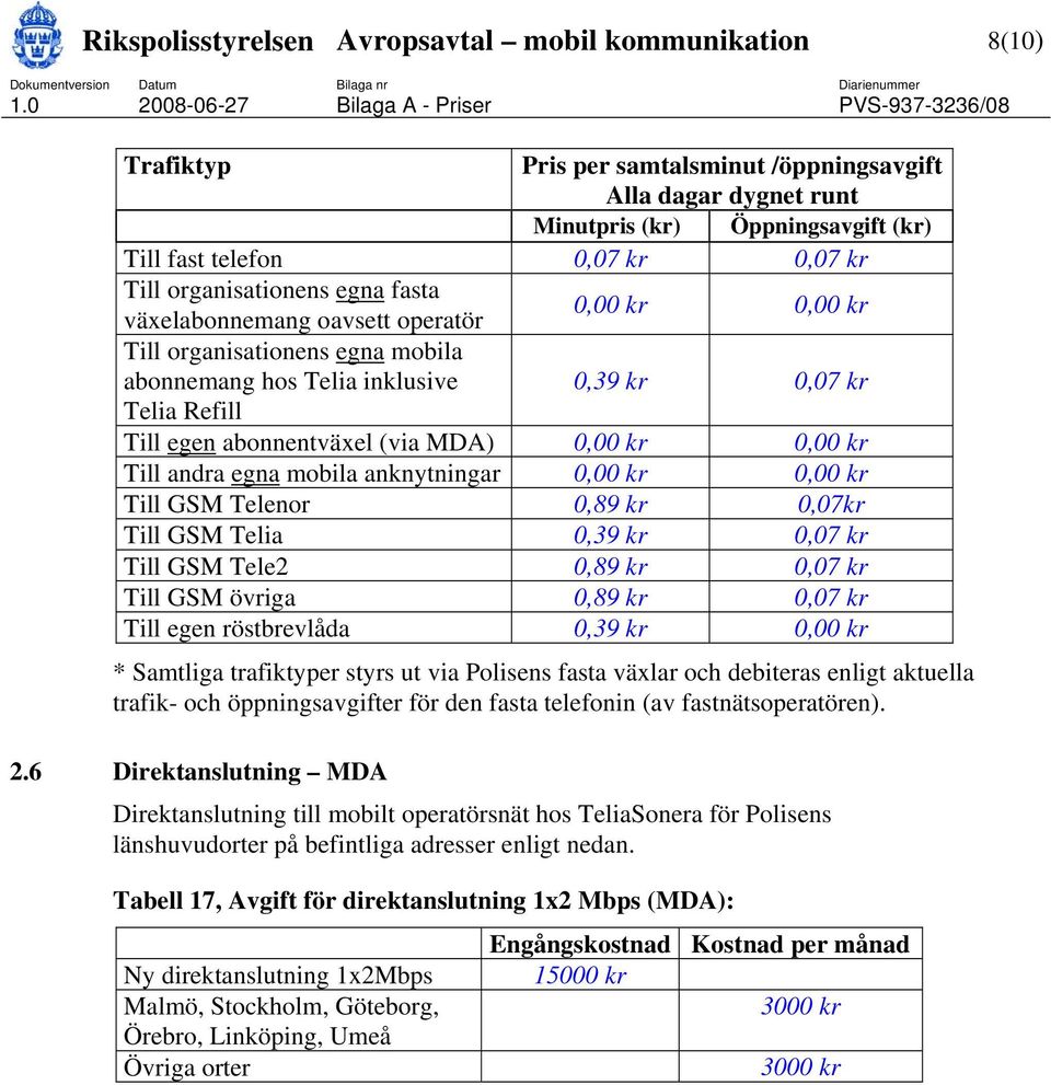 (via MDA) 0,00 kr 0,00 kr Till andra egna mobila anknytningar 0,00 kr 0,00 kr Till GSM Telenor 0,89 kr 0,07kr Till GSM Telia 0,39 kr 0,07 kr Till GSM Tele2 0,89 kr 0,07 kr Till GSM övriga 0,89 kr
