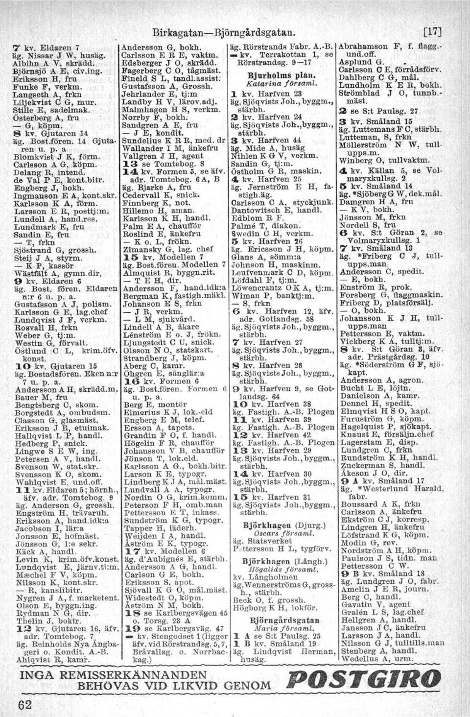 Katarina jijrsamz' Langseth A, frkn Jehrlander E, tj:m 1 kv. Hartven 23 Liljekvist C G, mur.. Landby H V, Iärov.adj, äg. Sjöqvists Joh., byggm.; Stille E, sadelmak.i- Malmhagen H S, verkm. stärbh.