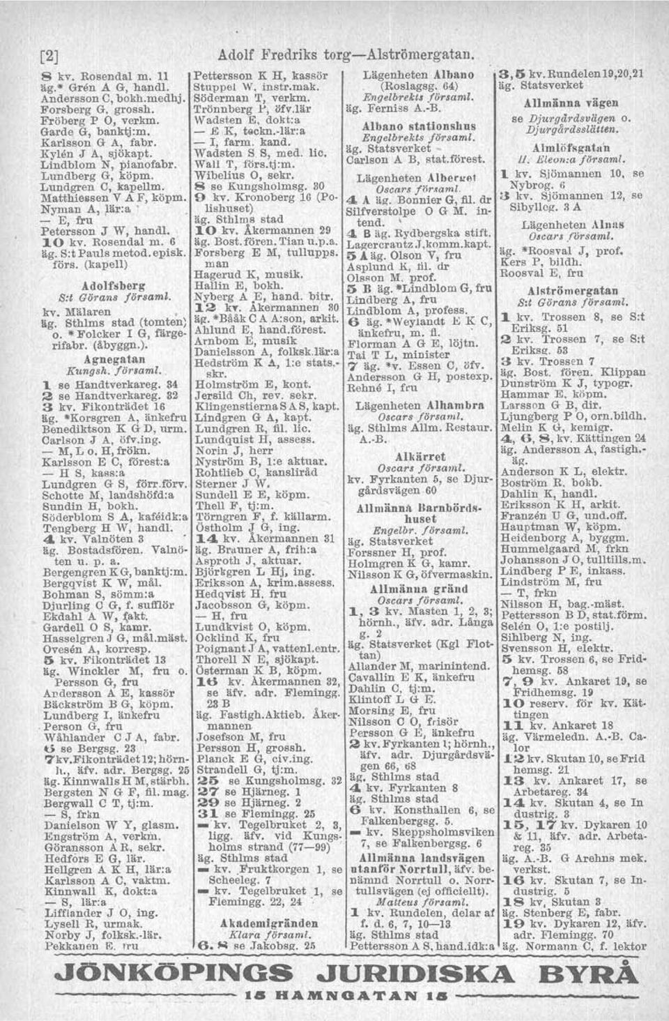 Asplund K, nl. dr Olsson M. prof. Adolfsberg Hallin E, bokh. 5 B äg. "Lindblom G, fru AlRtrömergatan S:t Giirans jiirsaml. Nyberg A.E, band. bitr. Lindberg A, fru Sot Giirans jiirsaml. kv.