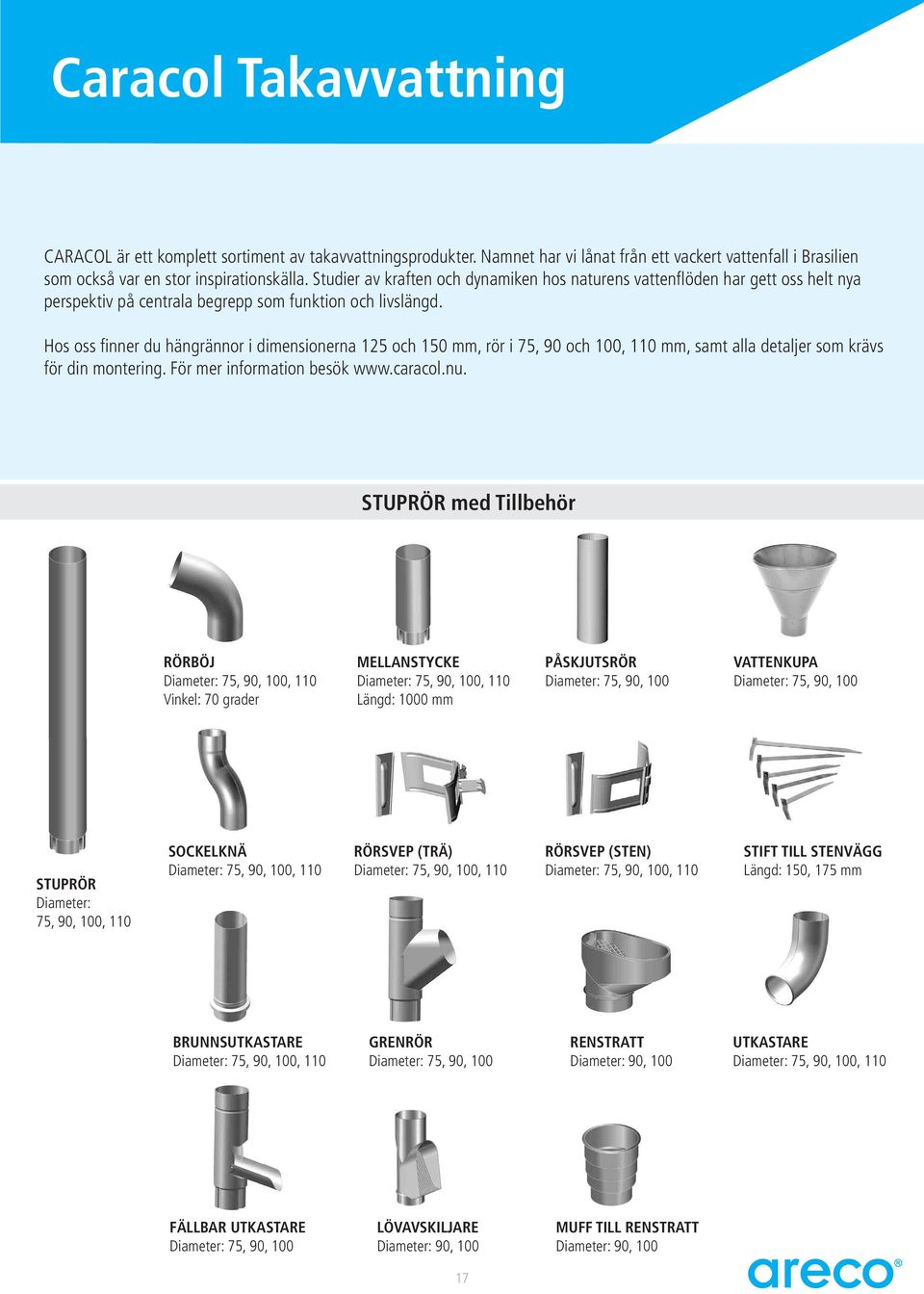 Hos oss finner du hängrännor i dimensionerna 125 och 150 mm, rör i 75, 90 och 100, 110 mm, samt alla detaljer som krävs för din montering. För mer information besök www.caracol.nu.