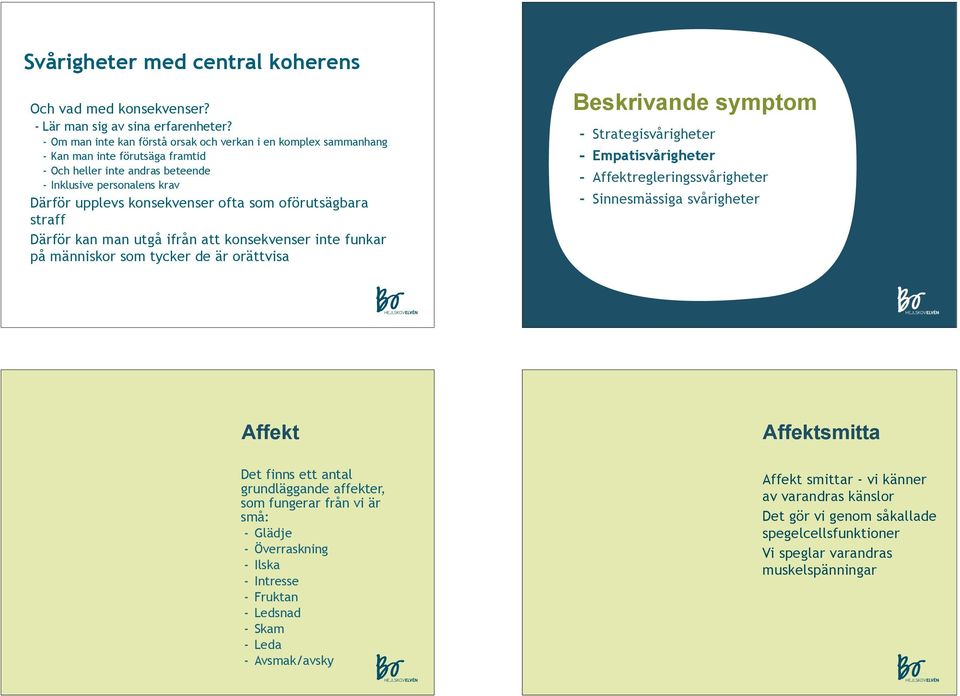 oförutsägbara straff Därför kan man utgå ifrån att konsekvenser inte funkar på människor som tycker de är orättvisa Beskrivande symptom - Strategisvårigheter - Empatisvårigheter -