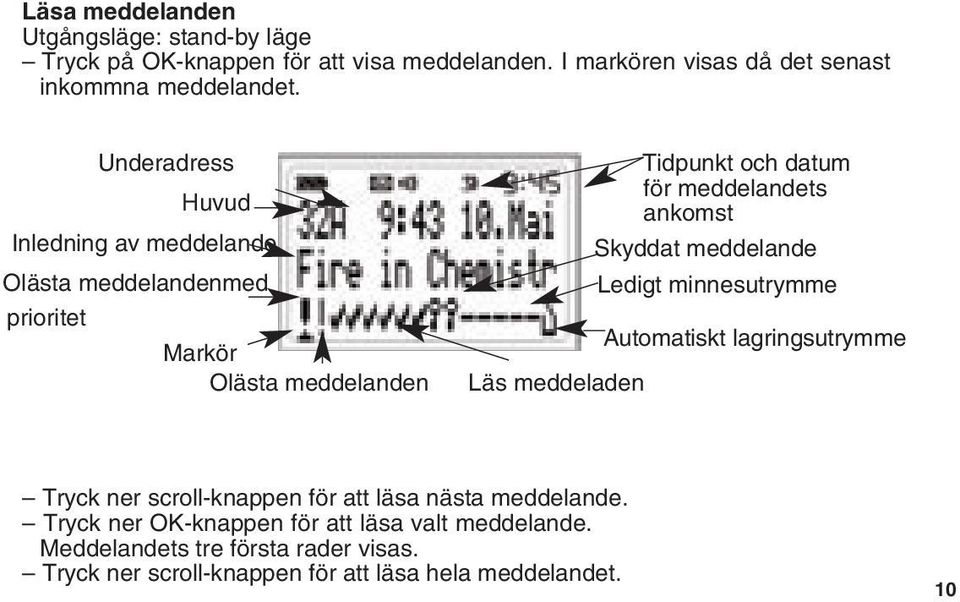 ankomst Skyddat meddelande Ledigt minnesutrymme Automatiskt lagringsutrymme Läs meddeladen Tryck ner scroll-knappen för att läsa nästa