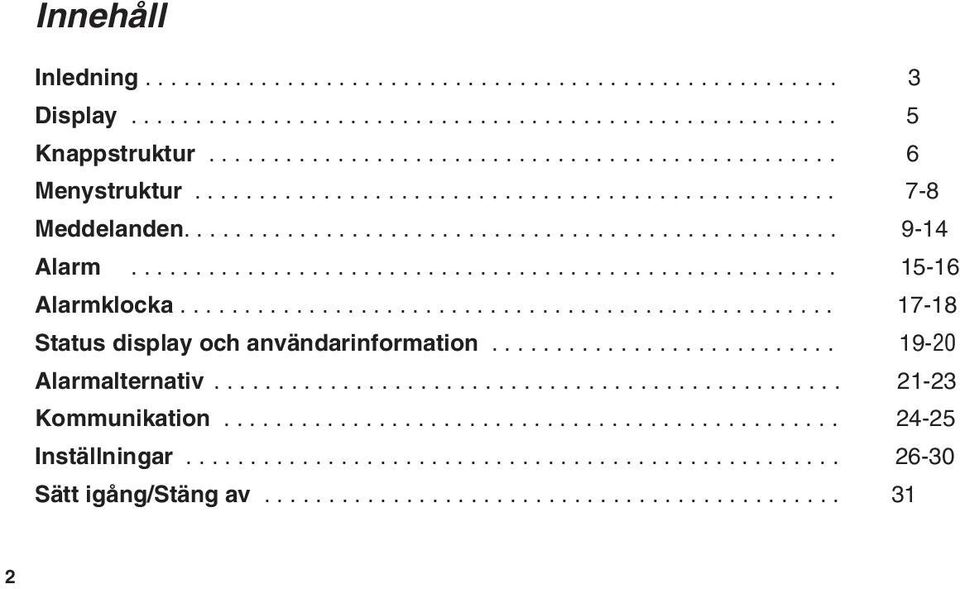 .................................................. 17-18 Status display och användarinformation........................... 19-20 Alarmalternativ................................................. 21-23 Kommunikation.