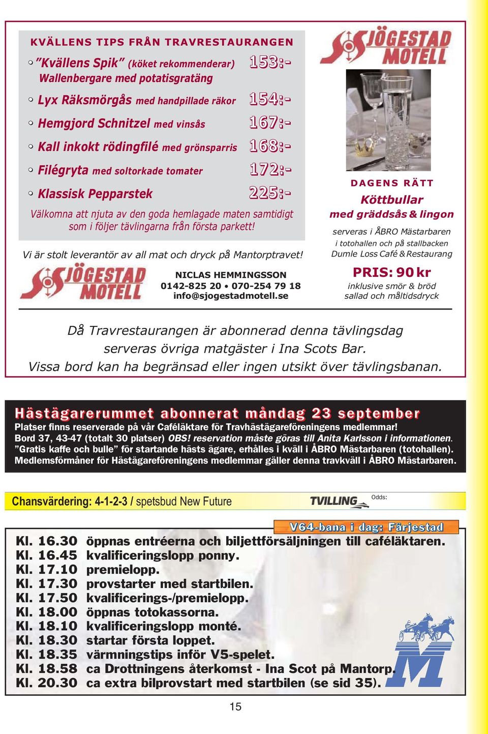 parkett! Vi är stolt leverantör av all mat och dryck på Mantorptravet! NICLAS HEMMINGSSON 0142-825 20 070-254 79 18 info@sjogestadmotell.