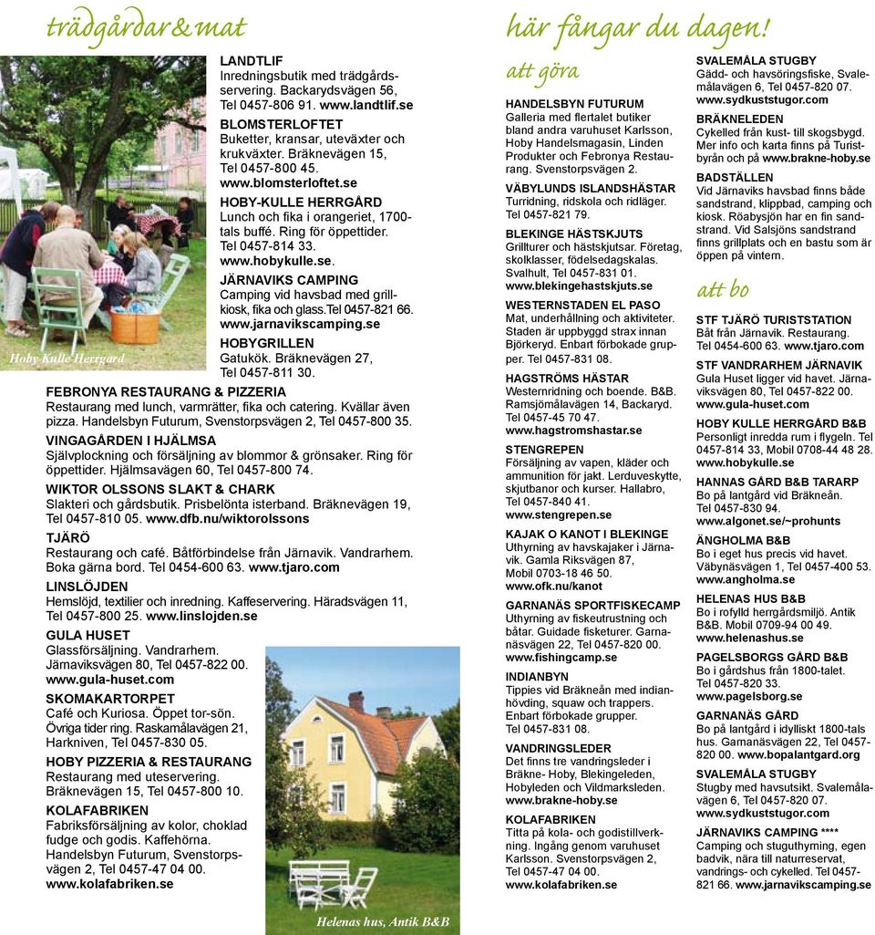 tel 0457-821 66. www.jarnavikscamping.se Hobygrillen Gatukök. Bräknevägen 27, Tel 0457-811 30. Febronya Restaurang & Pizzeria Restaurang med lunch, varmrätter, fika och catering. Kvällar även pizza.