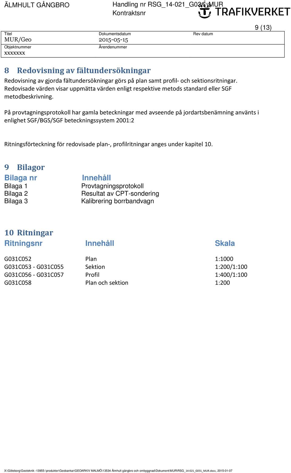 På provtagningsprotokoll har gamla beteckningar med avseende på jordartsbenämning använts i enlighet SGF/BGS/SGF beteckningssystem 2001:2 Ritningsförteckning för redovisade plan, profilritningar