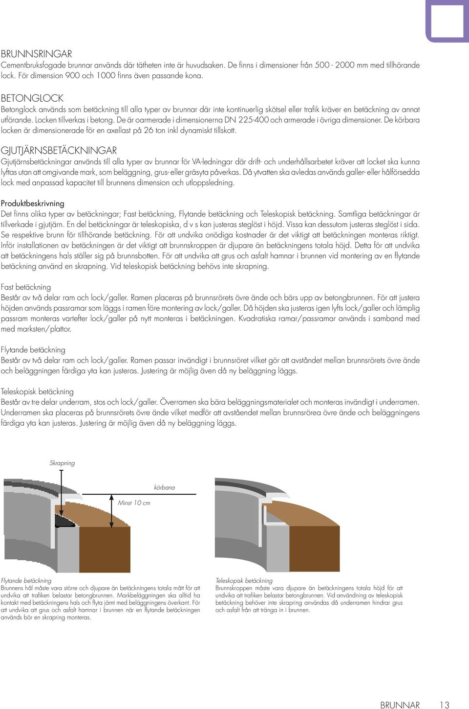 De är oarmerade i dimensionerna 225-400 oc armerade i övriga dimensioner. De körbara locken är dimensionerade för en axellast på 26 ton inkl dynamiskt tillskott.