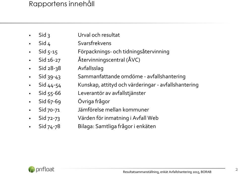 Kunskap, attityd och värderingar - avfallshantering Sid 55-66 Leverantör av avfallstjänster Sid 67-69 Övriga frågor