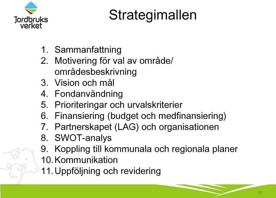 Finansiering (budget och medfinansiering) 7. Partnerskapet (LAG) och organisationen 8.