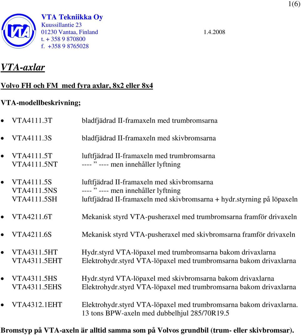 5NT ---- ---- men innehåller lyftning VTA4111.5S luftfjädrad II-framaxeln med skivbromsarna VTA4111.5NS ---- ---- men innehåller lyftning VTA4111.5SH luftfjädrad II-framaxeln med skivbromsarna + hydr.