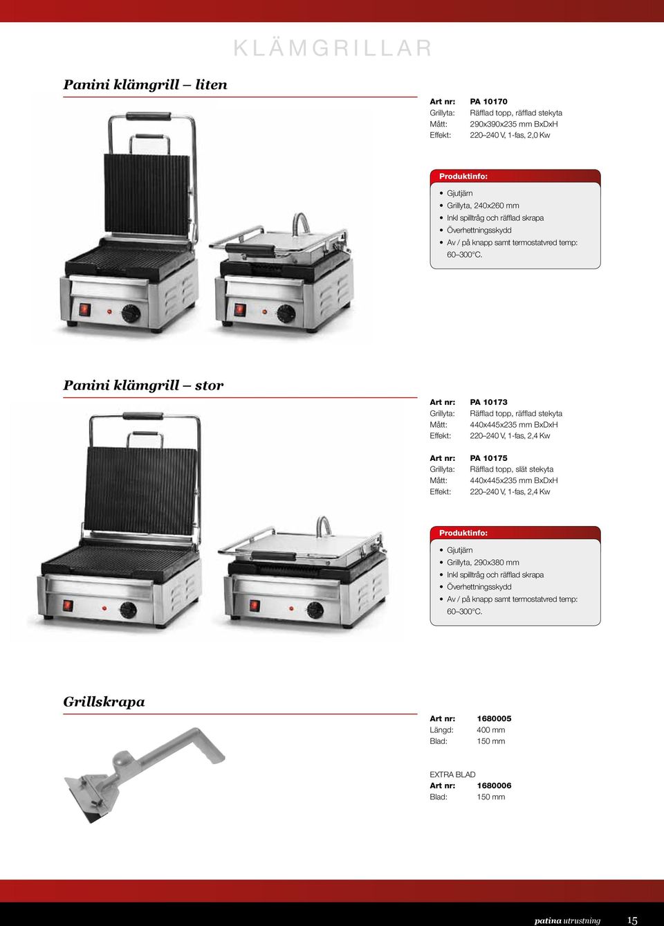 Panini klämgrill stor PA 10173 Grillyta: Räfflad topp, räfflad stekyta 440x445x235 mm BxDxH Effekt: 220 240 V, 1-fas, 2,4 Kw PA 10175 Grillyta: Räfflad topp, slät stekyta 440x445x235 mm