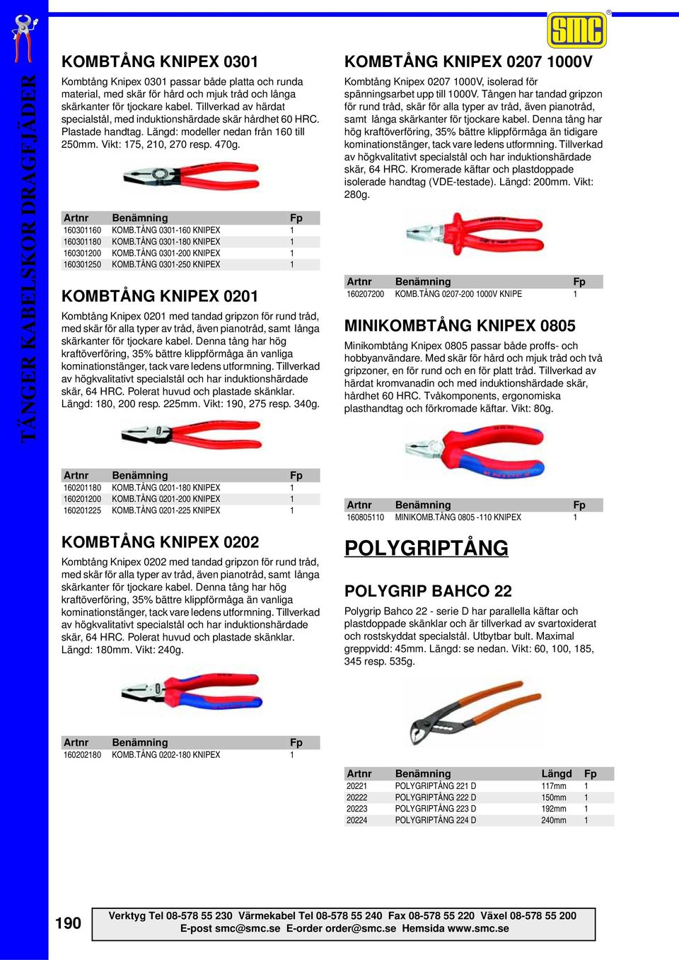 TÅNG 0301-160 KNIPEX 1 160301180 KOMB.TÅNG 0301-180 KNIPEX 1 160301200 KOMB.TÅNG 0301-200 KNIPEX 1 160301250 KOMB.