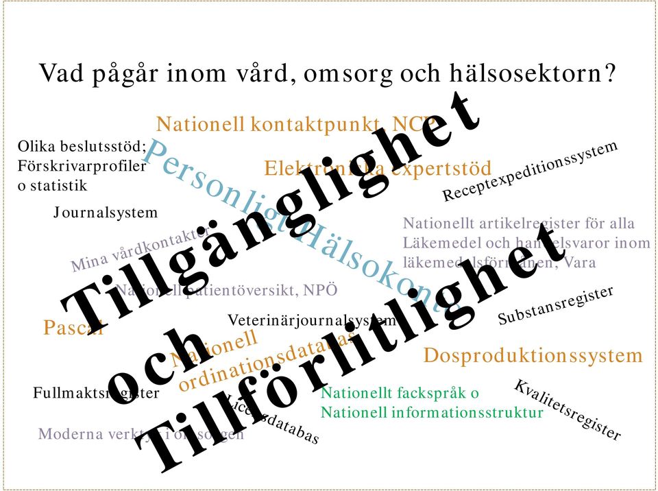 patientöversikt, NPÖ Elektroniska expertstöd Tillgänglighet Fullmaktsregister och Moderna verktyg i omsorgen Veterinärjournalsystem Nationell